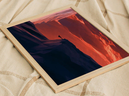 Hiker Finds the Edge Poster | Rust and Purple Low Poly Art Print | Hikers Wall Art — styled in an interior