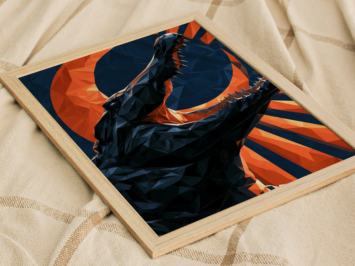 Gator Owns Crescent Poster | Orange and Navy Low Poly Art Print | Dark Fantasy Wall Art — styled in an interior