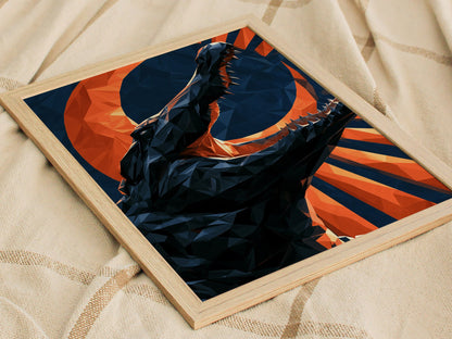 Gator Owns Crescent Poster | Orange and Navy Low Poly Art Print | Dark Fantasy Wall Art — styled in an interior