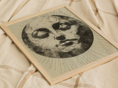 Ink Sun Face Poster | Black and Cream Pen and Ink Art Print | Dark Academia Wall Art — styled in an interior