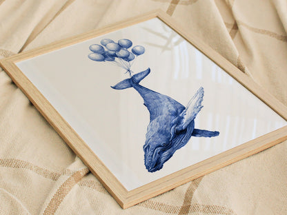 Whale Lifted Away Poster | Black and White Pen and Ink Art Print | Dark Fantasy Wall Art — styled in an interior