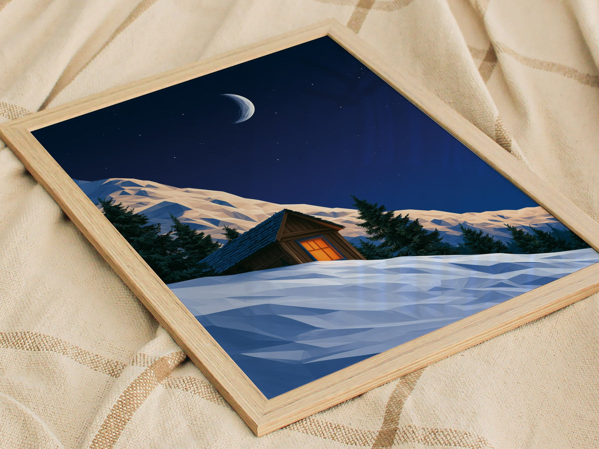 Mountain Cabin Waits Poster | Cobalt and Orange Low Poly Art Print | Mountain Modern Wall Art — styled in an interior