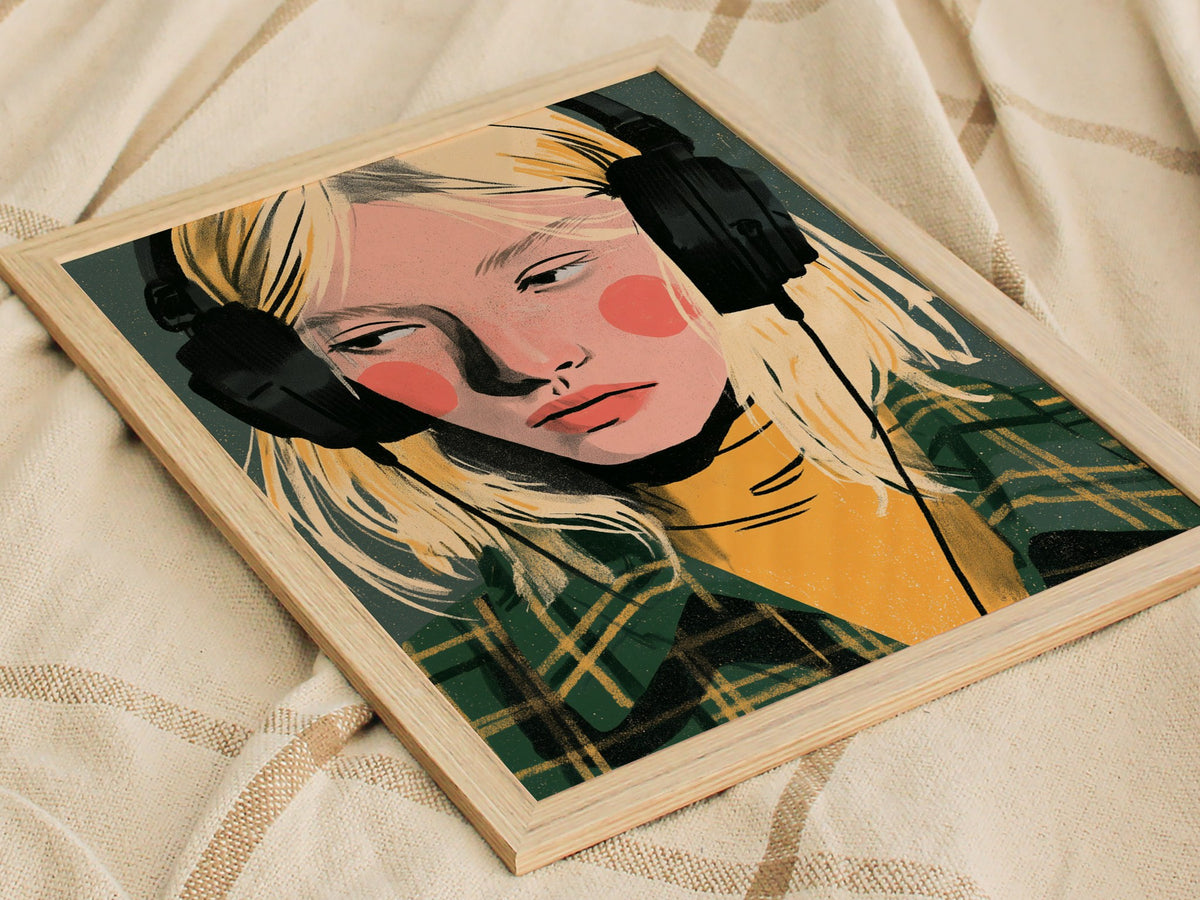 Headphone Hours Poster | Green and Gold Illustrative Art Print | Music Lovers Wall Art — styled in an interior