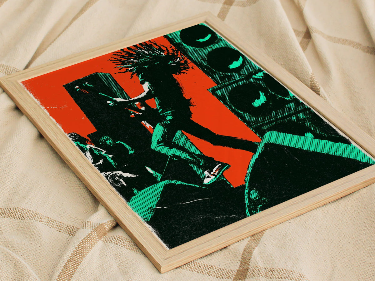 Guitarist Leaves Ground Poster | Orange and Green Screen Print Art Print | Music Lover Wall Art — styled in an interior