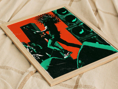Guitarist Leaves Ground Poster | Orange and Green Screen Print Art Print | Music Lover Wall Art — styled in an interior