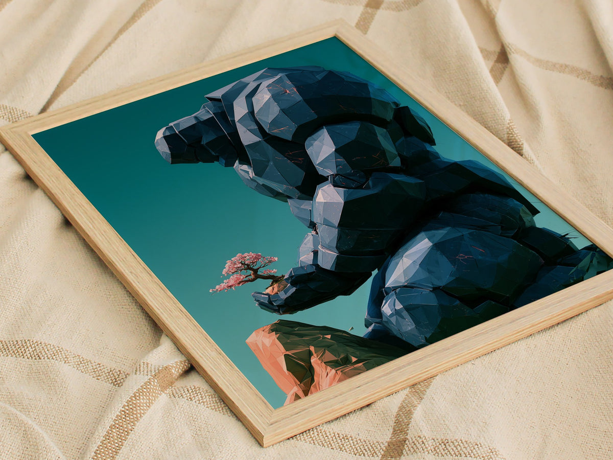 Golem Tends Blossom Poster | Navy and Teal Low Poly Art Print | Sci-Fi Wall Art — styled in an interior