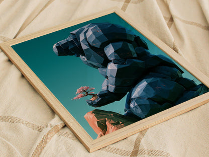 Golem Tends Blossom Poster | Navy and Teal Low Poly Art Print | Sci-Fi Wall Art — styled in an interior