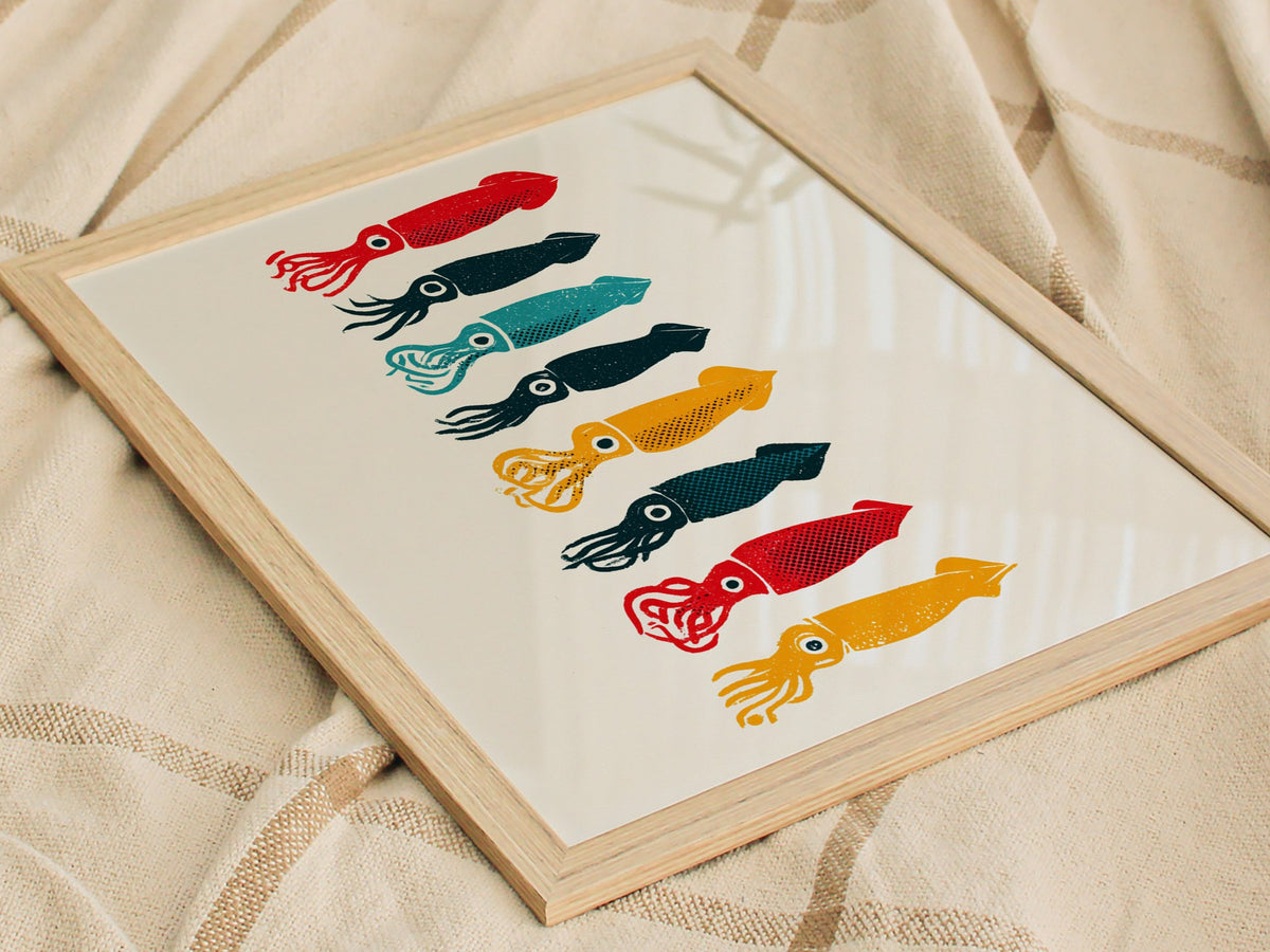 Five Squid Stack Poster | Multicolor Screen Print Art Print | Kitchen Wall Art — styled in an interior
