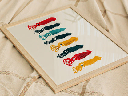 Five Squid Stack Poster | Multicolor Screen Print Art Print | Kitchen Wall Art — styled in an interior
