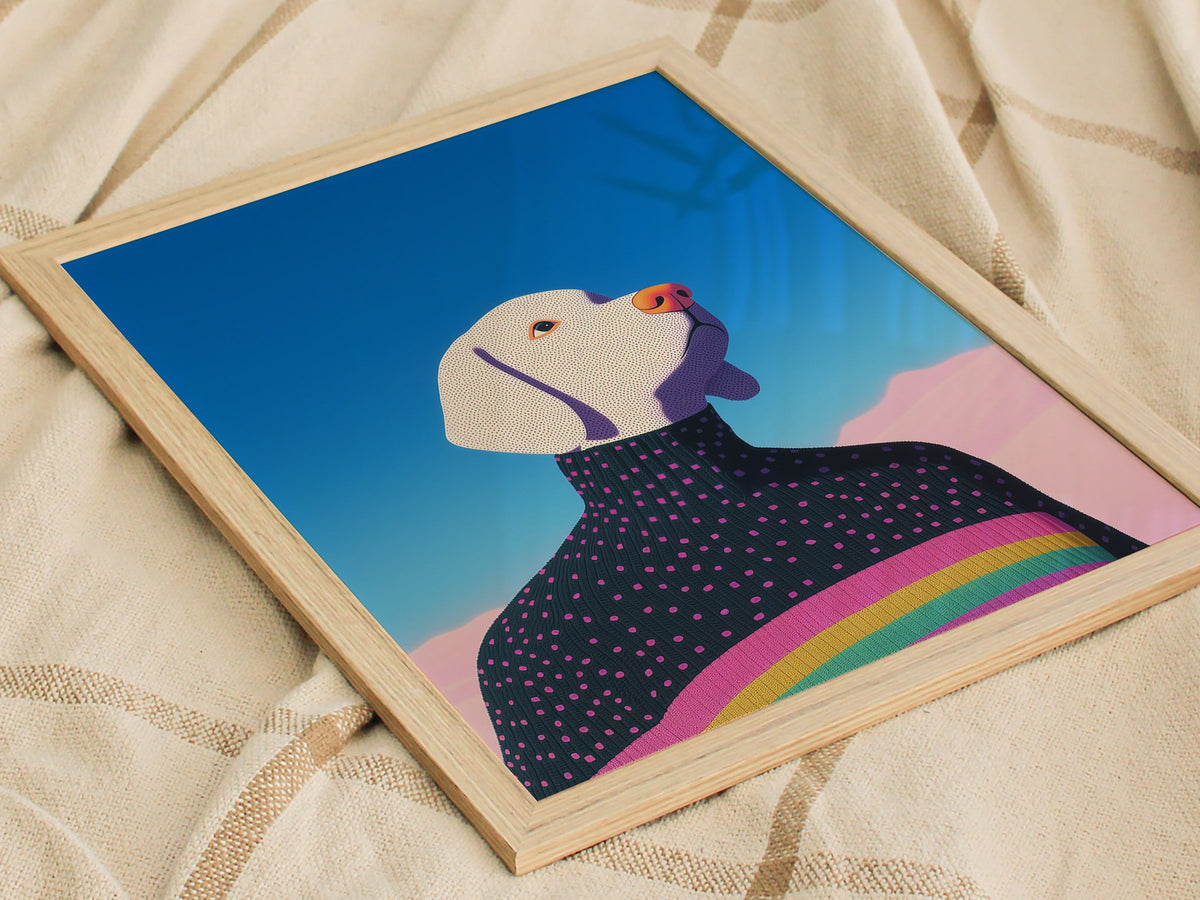 Rainbow Dog Sweater Poster | Kids Art Print — styled in an interior