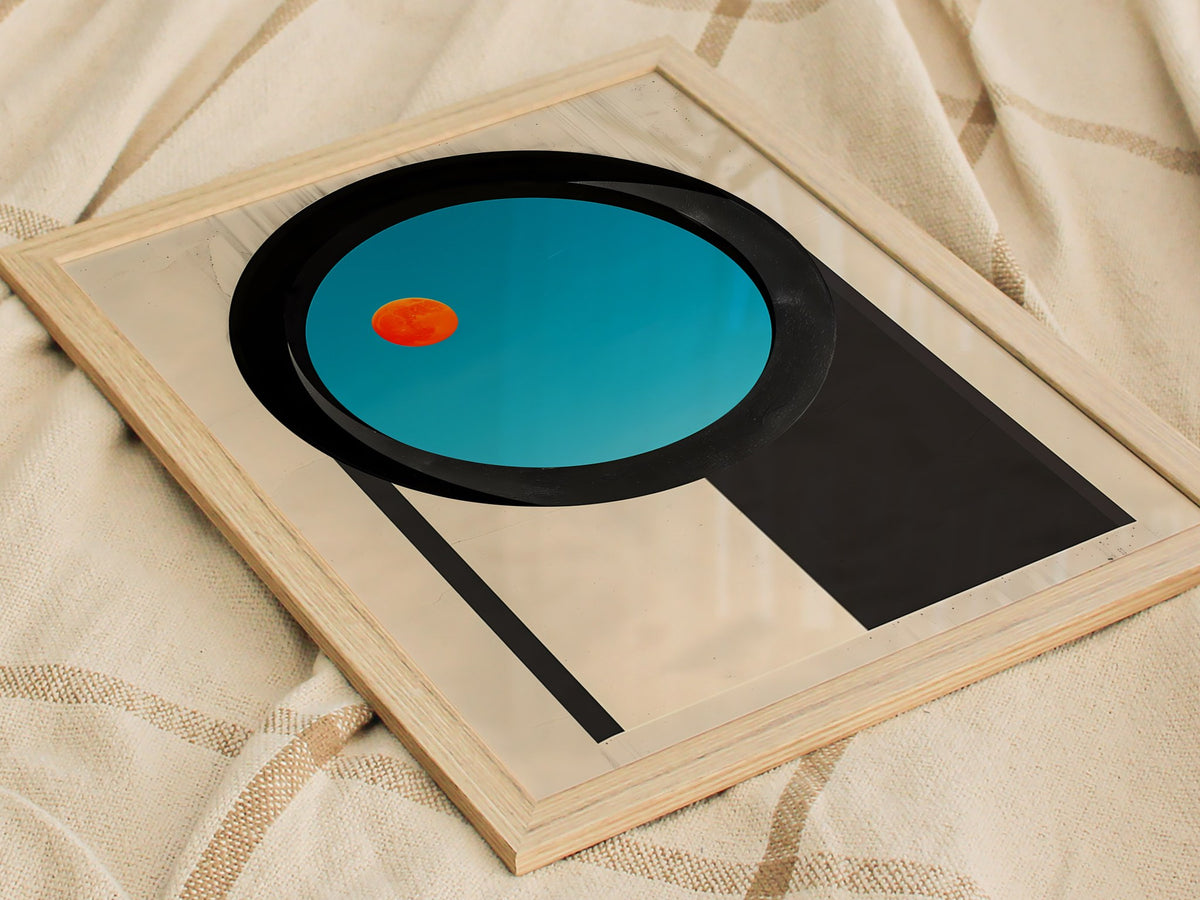 Circular Window Portal Poster | Cobalt and Orange Minimalism Art Print | Minimalist Wall Art — styled in an interior