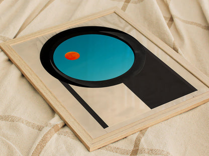 Circular Window Portal Poster | Cobalt and Orange Minimalism Art Print | Minimalist Wall Art — styled in an interior