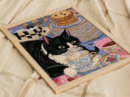 Cat Takes Tea Poster | Pink and Grey-Blue Illustrative Art Print | Kitchen Wall Art — styled in an interior