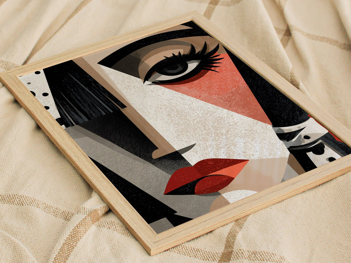 Cubist Woman Watches Poster | Black and Orange Abstract Art Print | Modernist Wall Art — styled in an interior