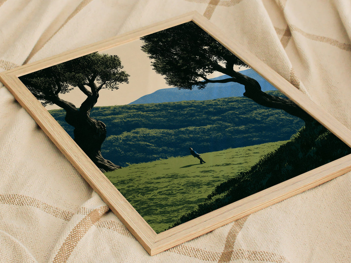 Child Climbs Green Slope Poster | Green and Sage Illustrative Art Print | Kids Room Wall Art — styled in an interior