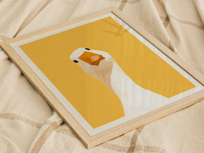 Goose Tilts Head Poster | White and Gold Flat Design Art Print | Kids Room Wall Art — styled in an interior