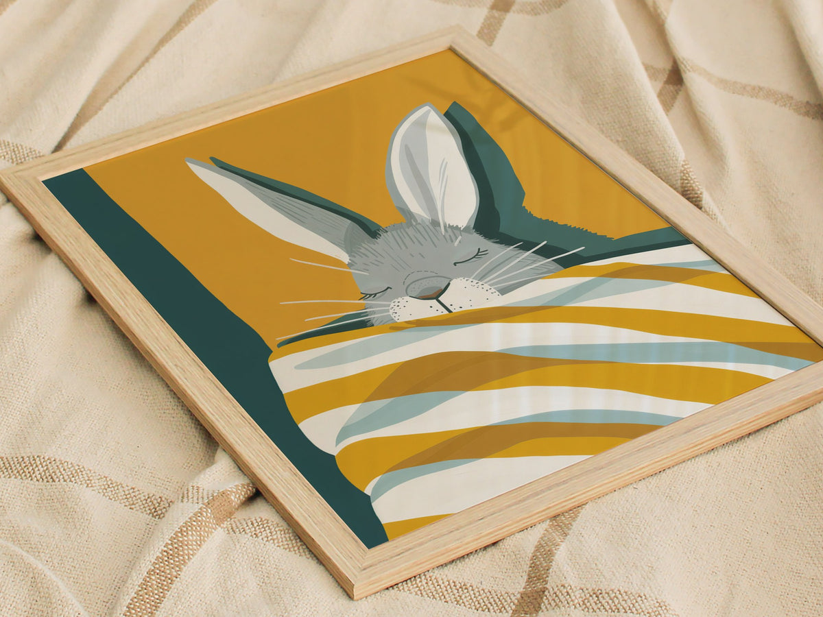Rabbit Under Quilt Poster | Mustard and Teal Flat Design Art Print | Cottagecore Wall Art — styled in an interior