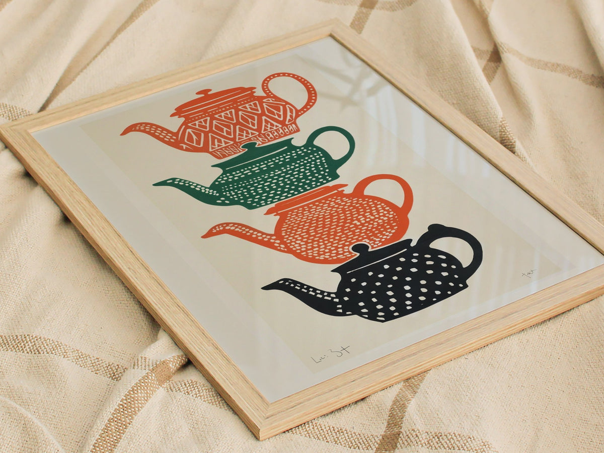 Stacked Teapots Poster | Burnt Orange Screen Print Art Print | Kitchen Wall Art — styled in an interior