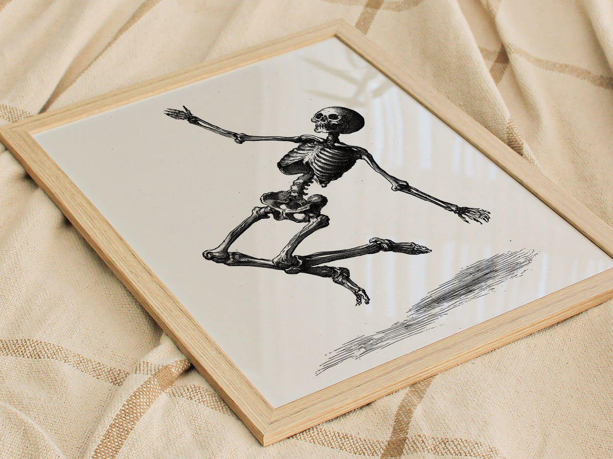 Skeleton Falls Poster | Cream and Black Pen and Ink Art Print | Dark Academia Wall Art — styled in an interior