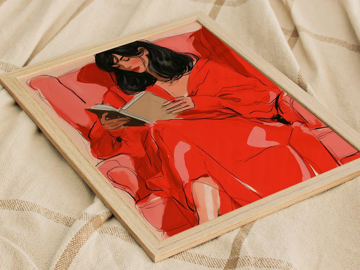 Woman Reading In Red Poster | Coral and Pink Illustrative Art Print | Quiet Interiors Wall Art — styled in an interior