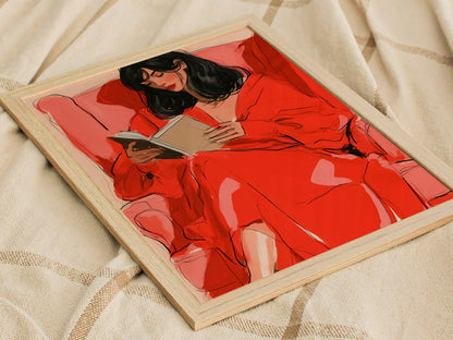 Woman Reading In Red Poster | Coral and Pink Illustrative Art Print | Quiet Interiors Wall Art — styled in an interior
