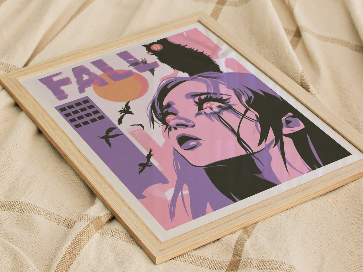 Girl Meets Fall Poster | Pink Purple Lime Illustrative Art Print | Surreal Pop Wall Art — styled in an interior