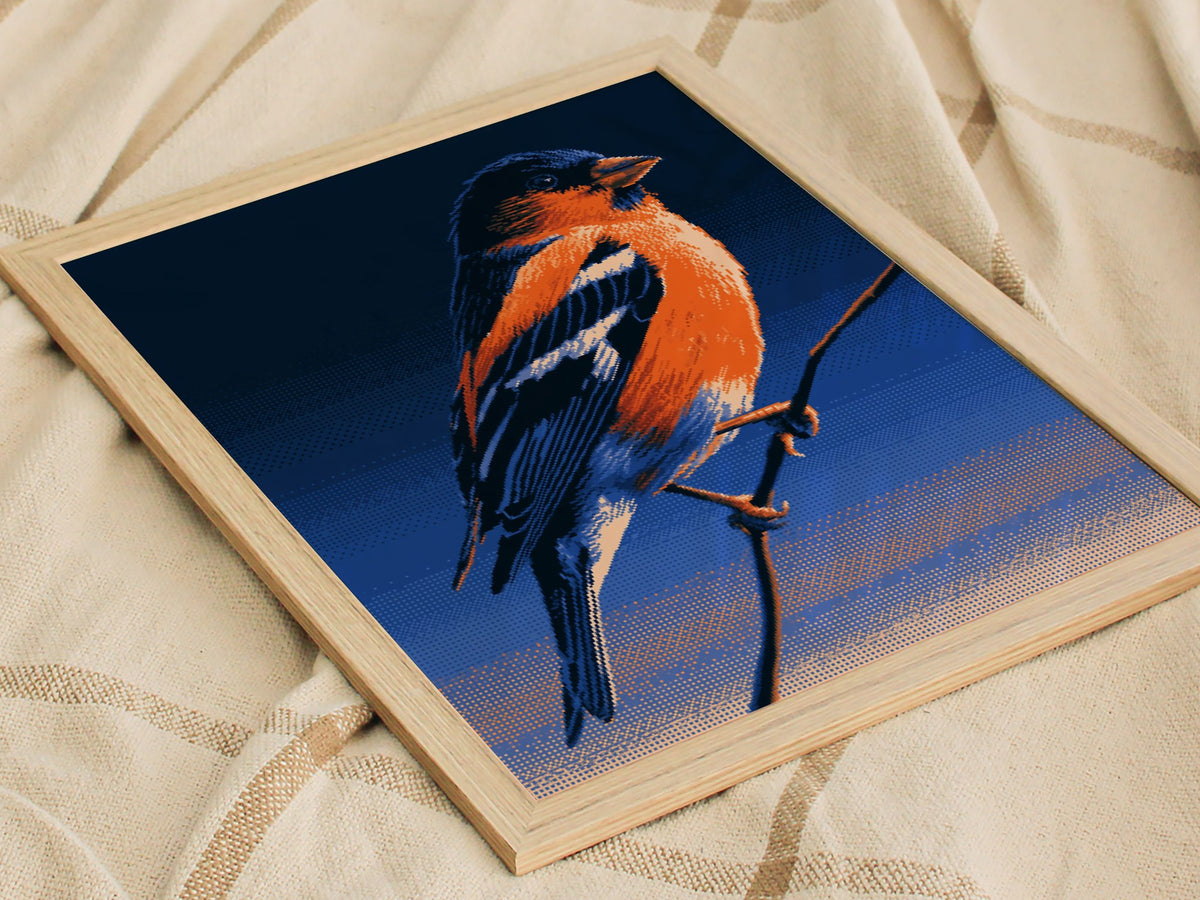 Bullfinch Burning Blue Poster | Navy and Orange Pixel Art Print | Retro Gaming Wall Art — styled in an interior