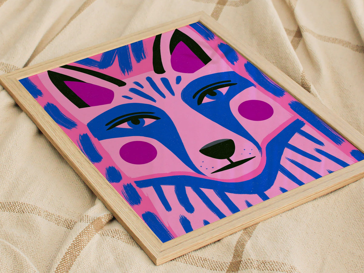 Fox Faces Forward Poster | Pink and Blue Illustrative Art Print | Kids Room Wall Art — styled in an interior