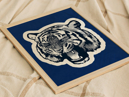 Tiger Roars Blue Poster | Navy and Cobalt Screen Print Art Print | Mid-Century Wall Art — styled in an interior
