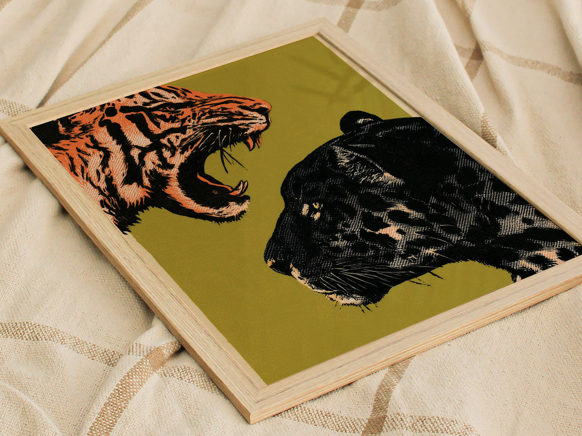 Tiger Taunts Panther Poster | Chartreuse and Black Screen Print Art Print | Graphic Design Wall Art — styled in an interior