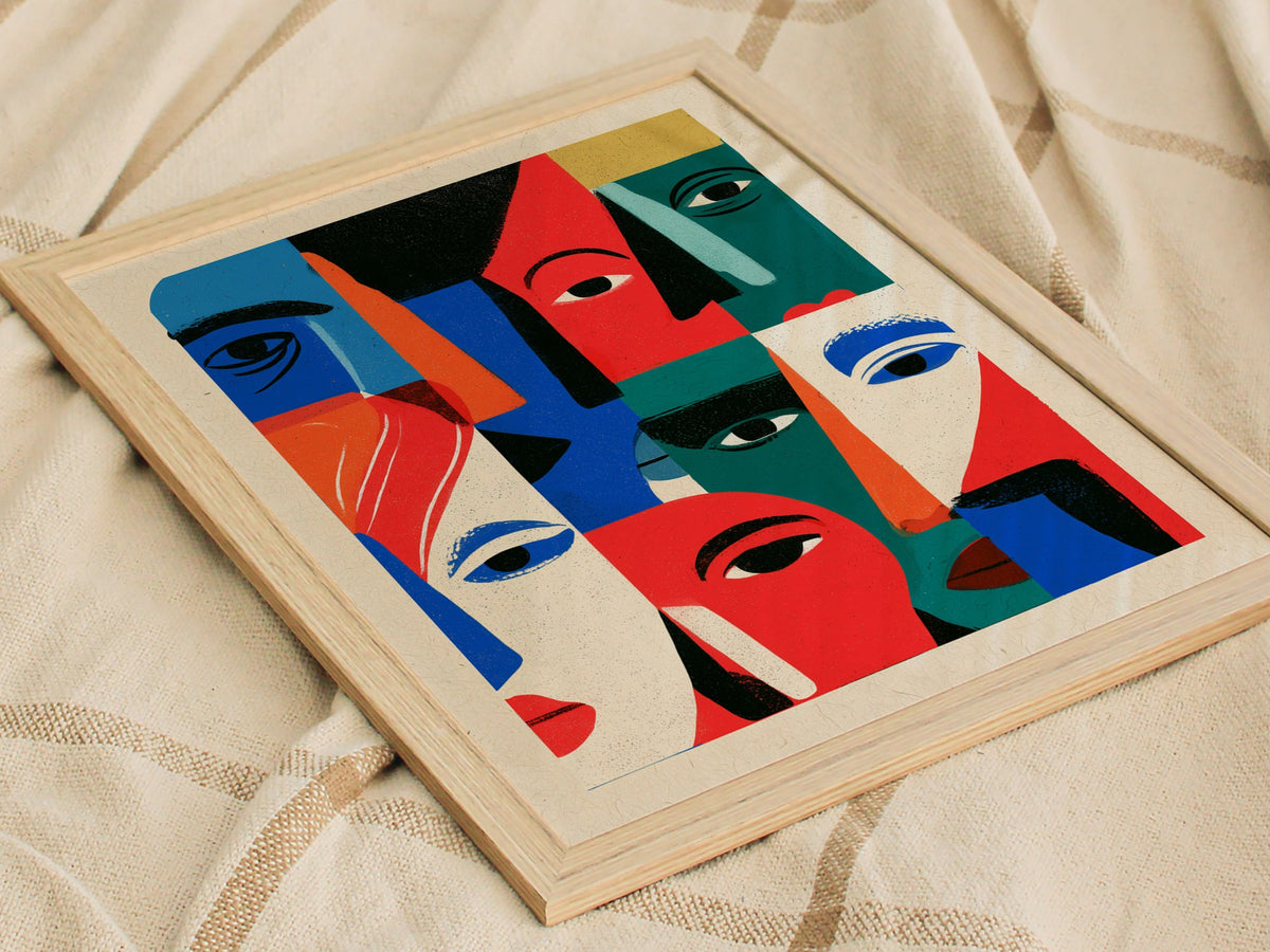 Crowd Wears Faces Poster | Multicolor Illustrative Art Print | Kids Room Wall Art — styled in an interior