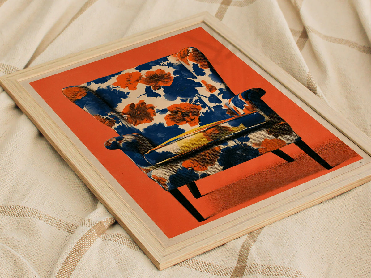 Armchair Blooms Poster | Cobalt and Coral Screen Print Art Print | Mid-Century Wall Art — styled in an interior