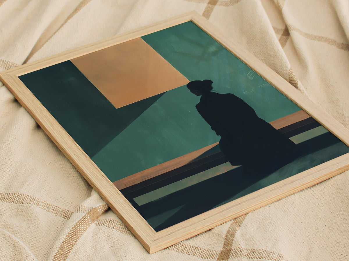 Gallery Visitor Poster | Teal and Cream Flat Design Art Print | Minimalist Wall Art — styled in an interior