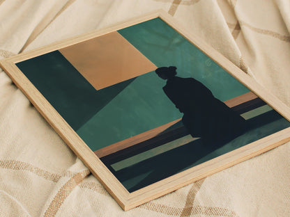 Gallery Visitor Poster | Teal and Cream Flat Design Art Print | Minimalist Wall Art — styled in an interior