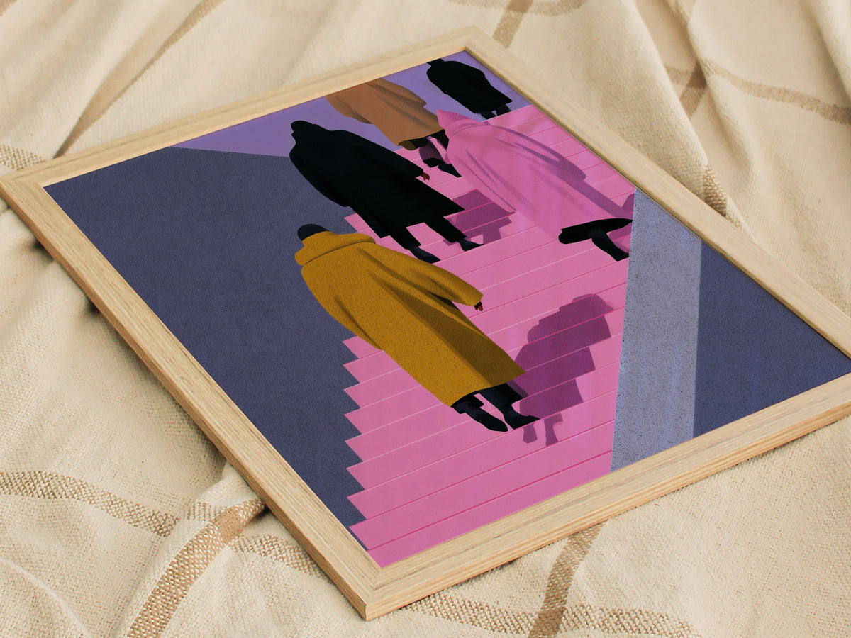 Figures Ascending Pink Poster | Pink and Purple Illustrative Art Print | Urban Minimalist Wall Art — styled in an interior