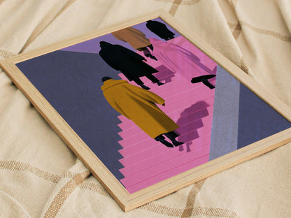 Figures Ascending Pink Poster | Pink and Purple Illustrative Art Print | Urban Minimalist Wall Art — styled in an interior