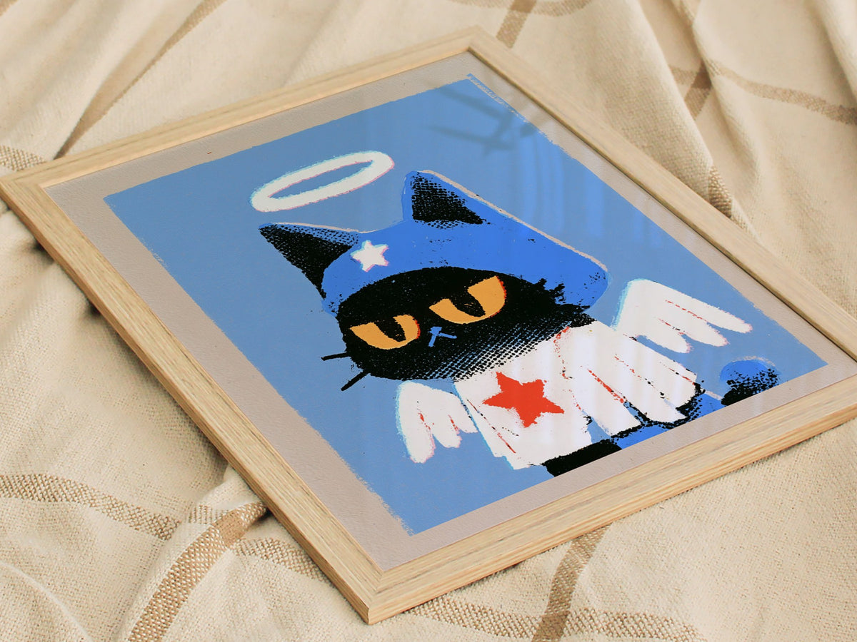 Angel Kitten Stands Poster | Blue and Orange Screen Print Art Print | Kids Room Wall Art — styled in an interior