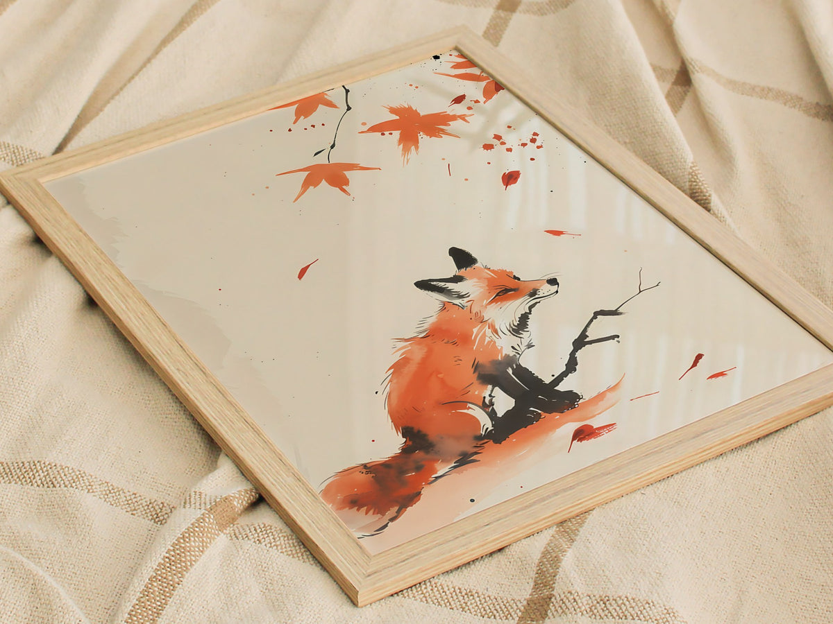 Autumn Visitor Poster | Rust and Sepia Japanese Watercolor Art Print | Minimalist Wall Art — styled in an interior