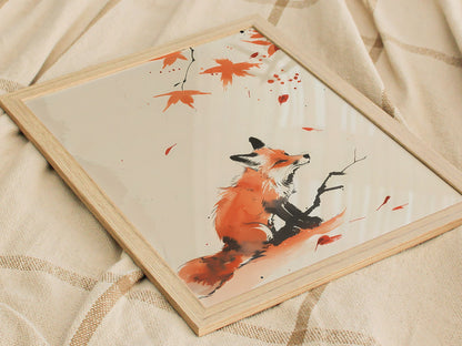 Autumn Visitor Poster | Rust and Sepia Japanese Watercolor Art Print | Minimalist Wall Art — styled in an interior