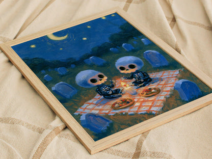 Skeleton Picnic Poster | Cobalt and Red Oil Painting Art Print | Goth Wall Art — styled in an interior