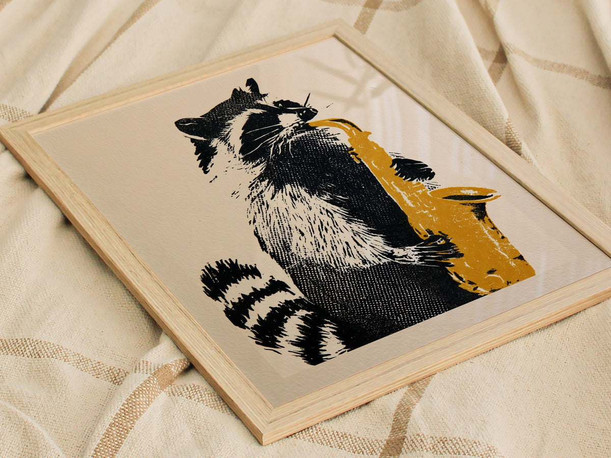 Raccoon Plays Saxophone Poster | Black and Yellow Screen Print Art Print | Music Lover Wall Art — styled in an interior