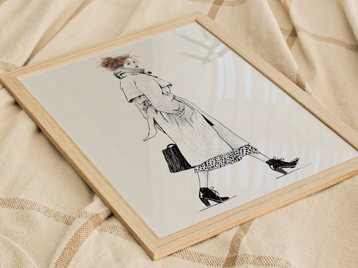 Woman Glances Back Poster | Orange and Cream Pen and Ink Art Print | Fashion Illustration Wall Art — styled in an interior