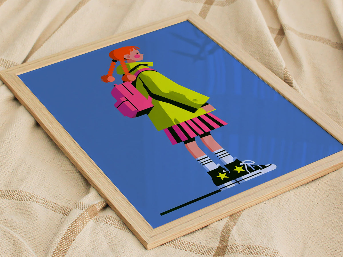 Girl in Green Hat Poster | Neon Brights Flat Design Art Print | Kids Room Wall Art — styled in an interior