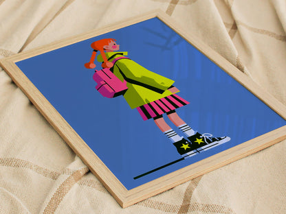 Girl in Green Hat Poster | Neon Brights Flat Design Art Print | Kids Room Wall Art — styled in an interior