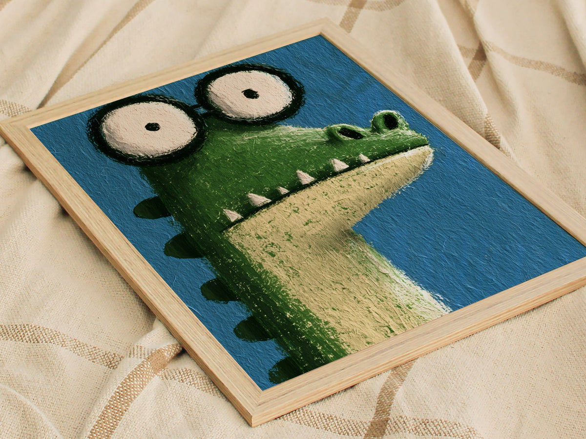 Wide-eyed Crocodile Poster | Green and Cobalt Illustrative Art Print | Kids Room Wall Art — styled in an interior