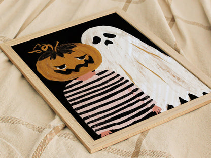 Pumpkin and Ghost Poster | Pink and Orange Illustrative Art Print | Kids Room Wall Art — styled in an interior