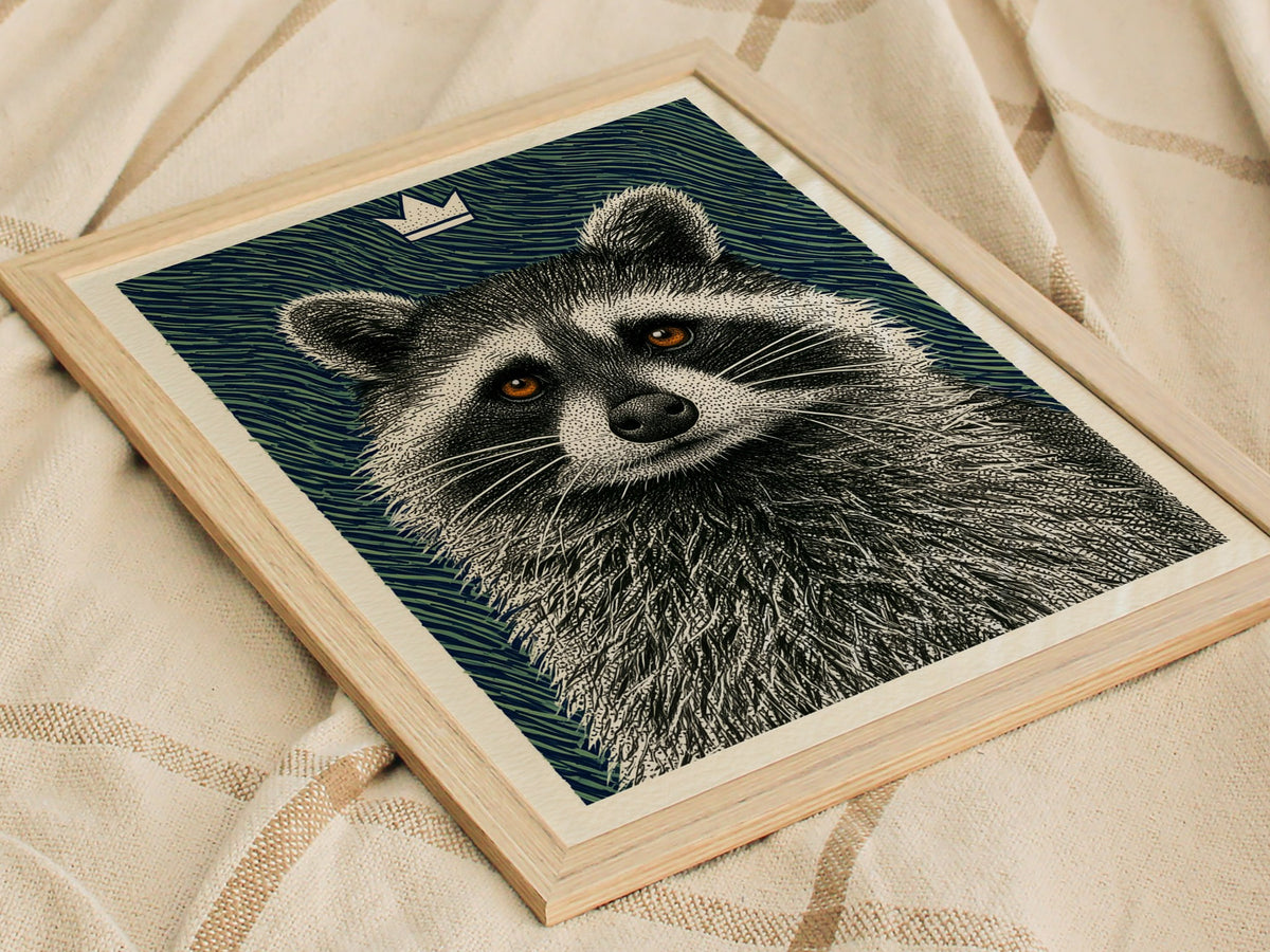 Raccoon Rules Stars Poster | Navy and Green Pen and Ink Art Print | Dark Academia Wall Art — styled in an interior