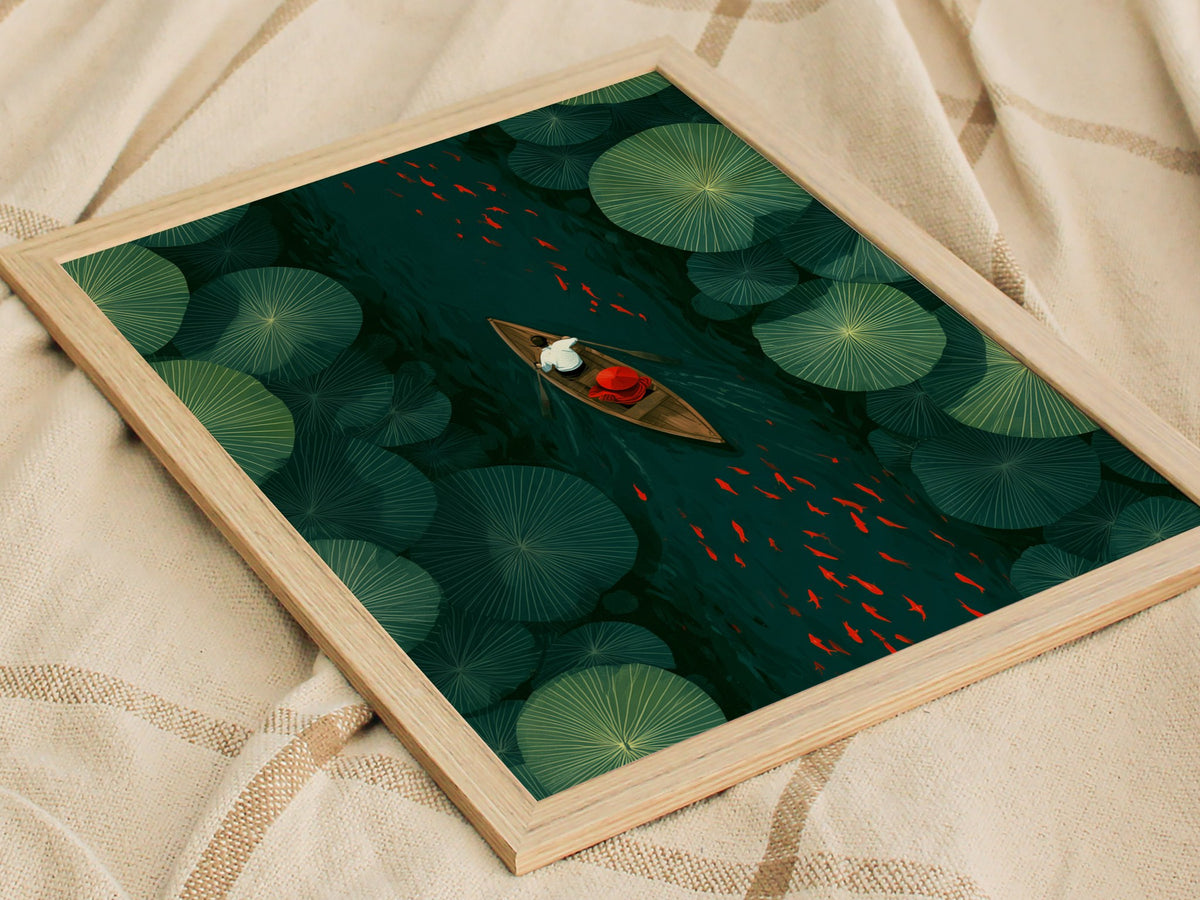 Lily Pad Passage Poster | Forest Green Illustrative Art Print | Botanical Wall Art — styled in an interior