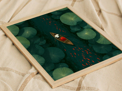 Lily Pad Passage Poster | Forest Green Illustrative Art Print | Botanical Wall Art — styled in an interior