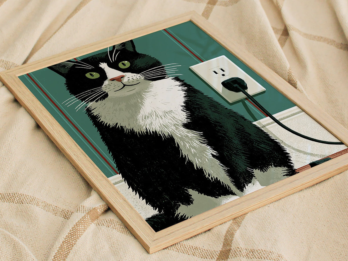 Tuxedo Cat Unplugged Poster | Sage and Cream Illustrative Art Print | Cat Lover Wall Art — styled in an interior
